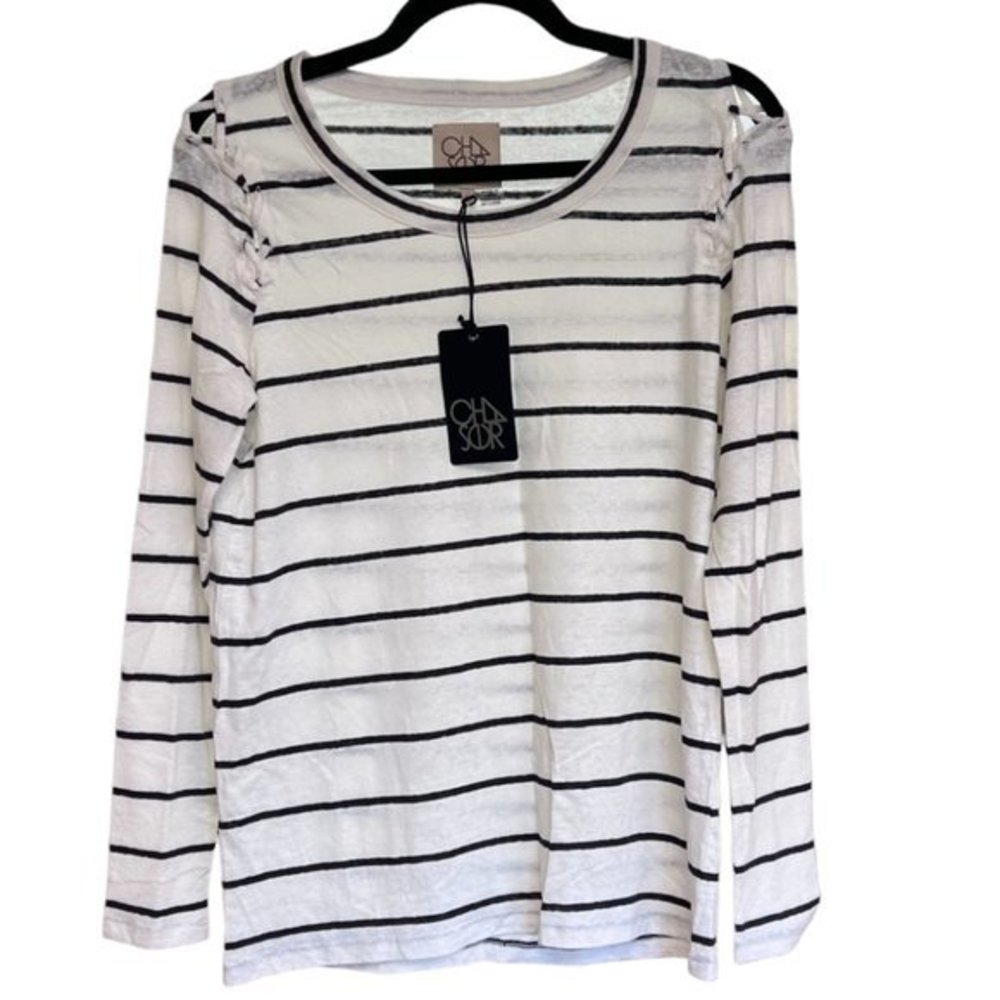 Women's NWT Chaser White with Black Stripes Long Sleeve Top M‎
